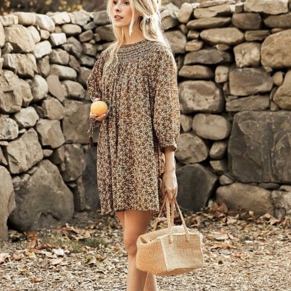 Doen Theda Floral Smocked Yellow Brown Dress XS